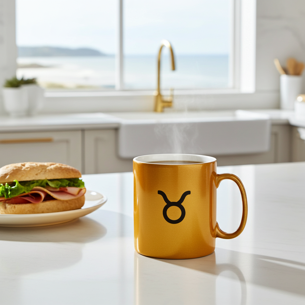 Gold mug with a taurus symbol on a kitchen counter next to a sandwich