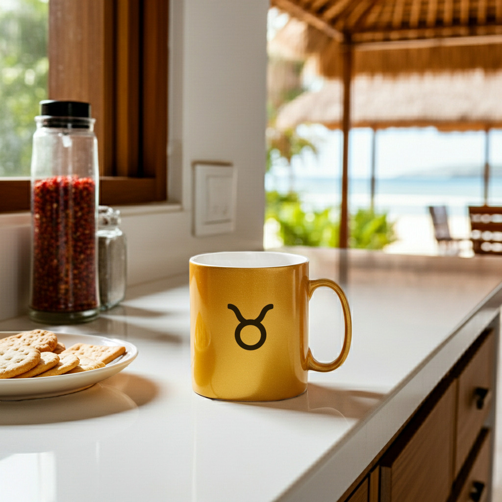 Gold mug with a black taurus symbol on a kitchen counter, next to cookies and a jar of red berries.