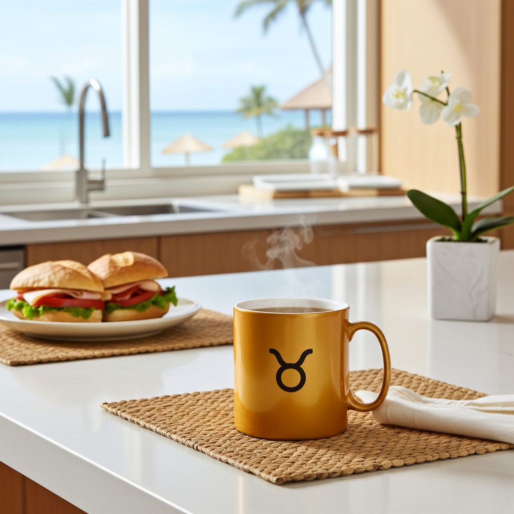 Gold mug with a taurus symbol on a kitchen counter with a plate of sandwiches and a view of the ocean.
