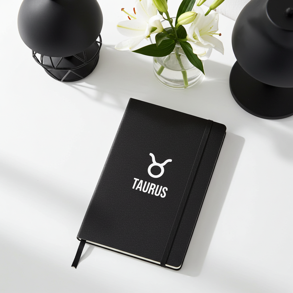Black notebook with Taurus symbol on a white surface with decorative items