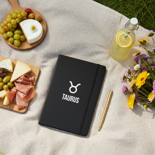Black notebook with Taurus symbol on a picnic blanket with food and flowers