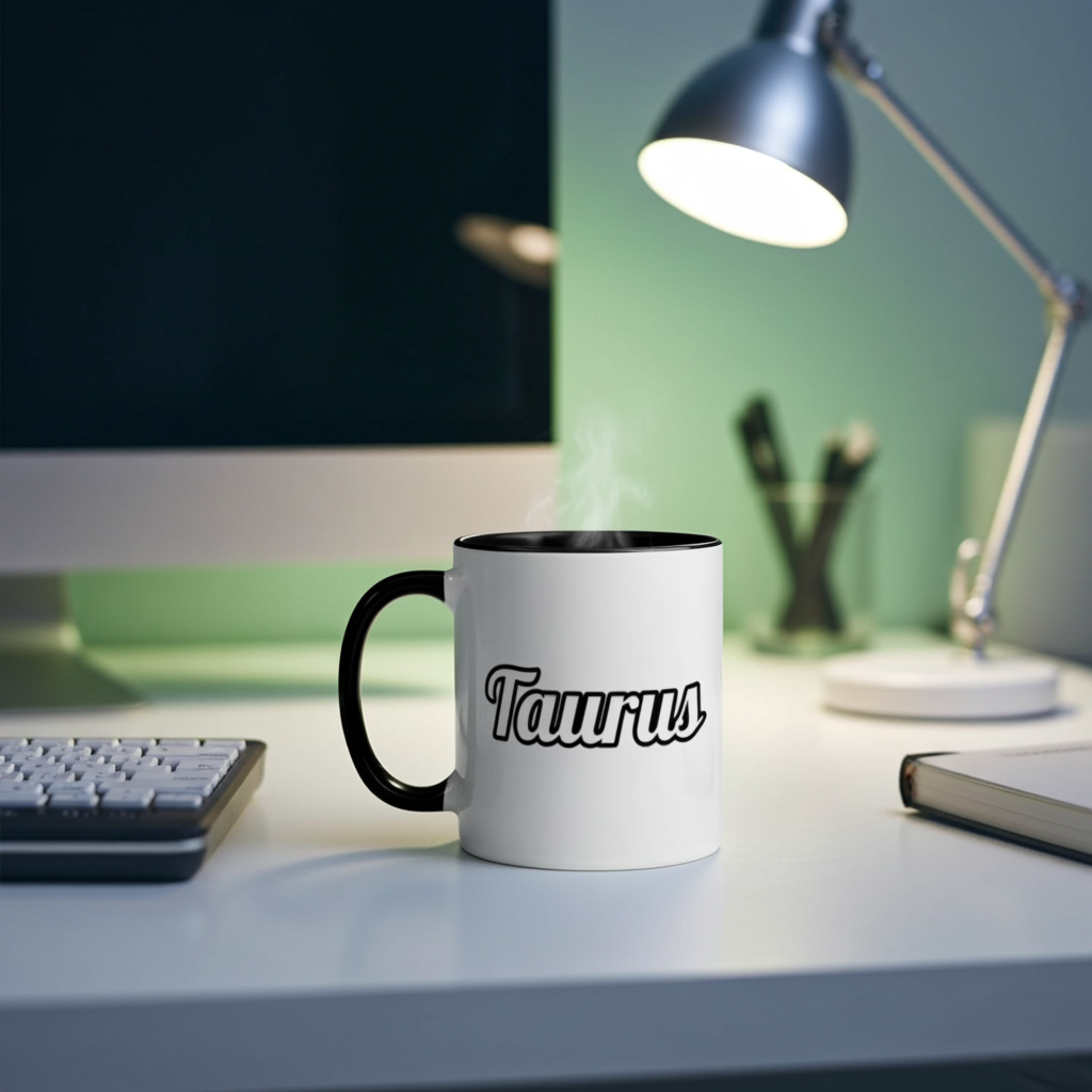 White mug with 'Taurus' on a desk next to a lamp and computer.
