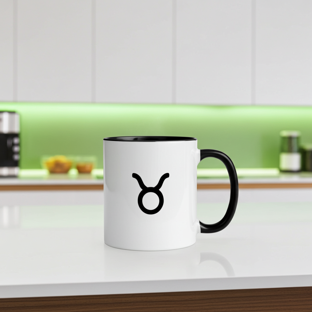 White mug with black handle and Taurus sign on a kitchen counter