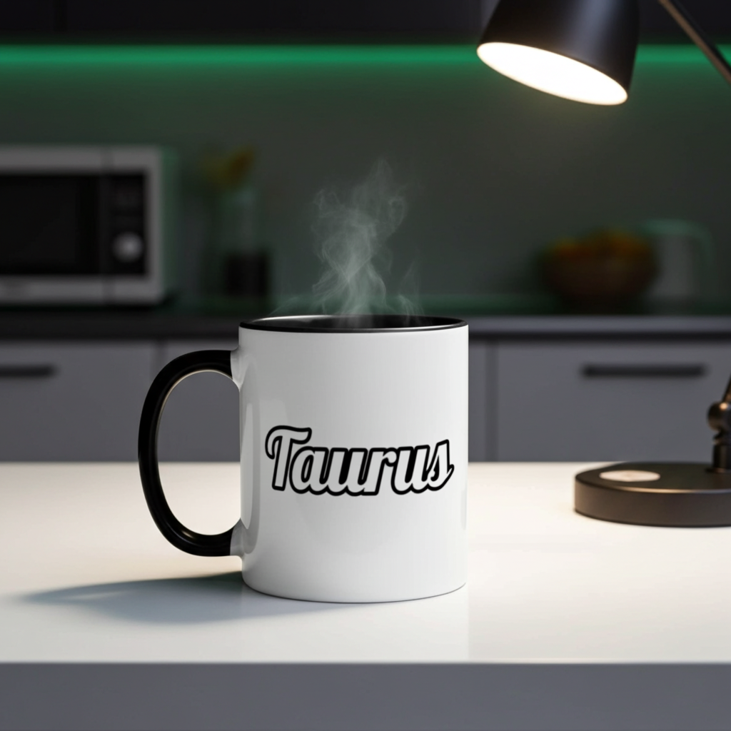 White mug with 'Taurus' on a kitchen counter with steam rising from it