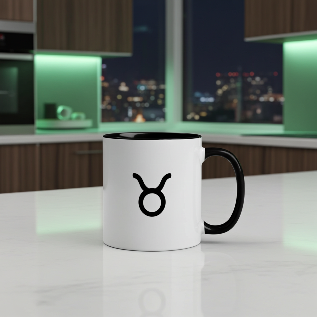 White mug with black handle and Taurus symbol on a kitchen counter with cityscape view