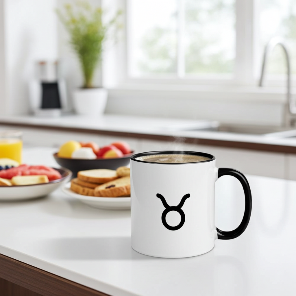 White mug with black handle and a taurus symbol on a kitchen counter with fruit and cookies.
