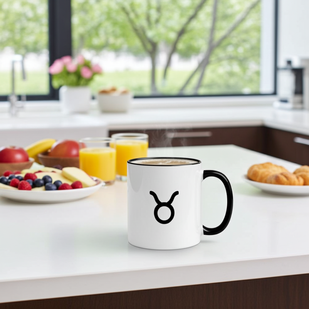 White mug with black handle and a taurus symbol on a kitchen counter with fruit and juice.