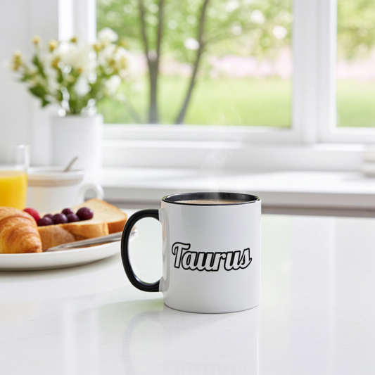 White mug with 'Taurus' on a kitchen counter with breakfast items and a window in the background