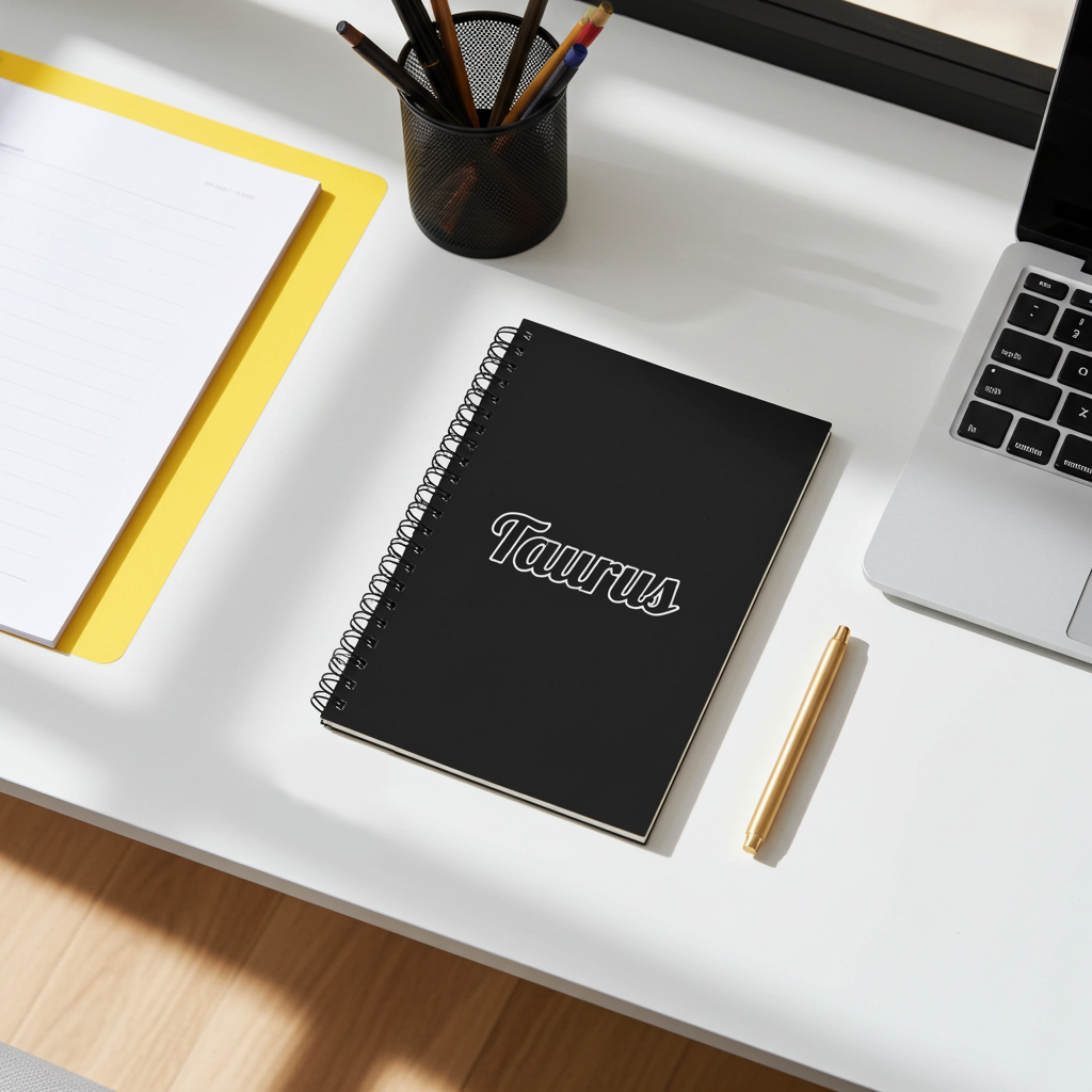 Black notebook with 'Taurus' branding on a desk with a laptop and stationery.