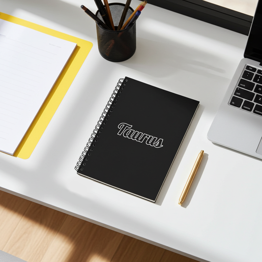 Black notebook with 'Taurus' branding on a desk with a laptop and stationery.