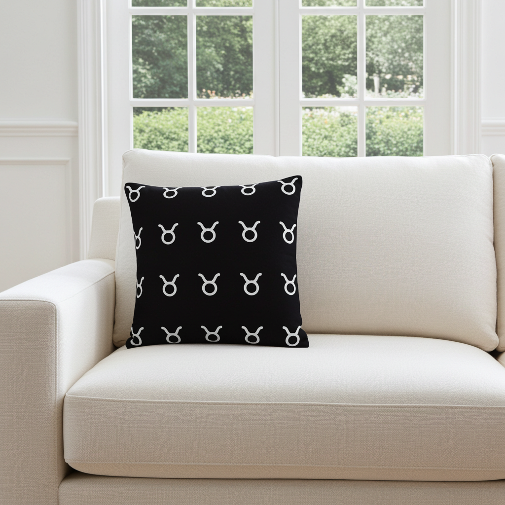 Black pillow with white symbols on a beige sofa in a room with large windows.