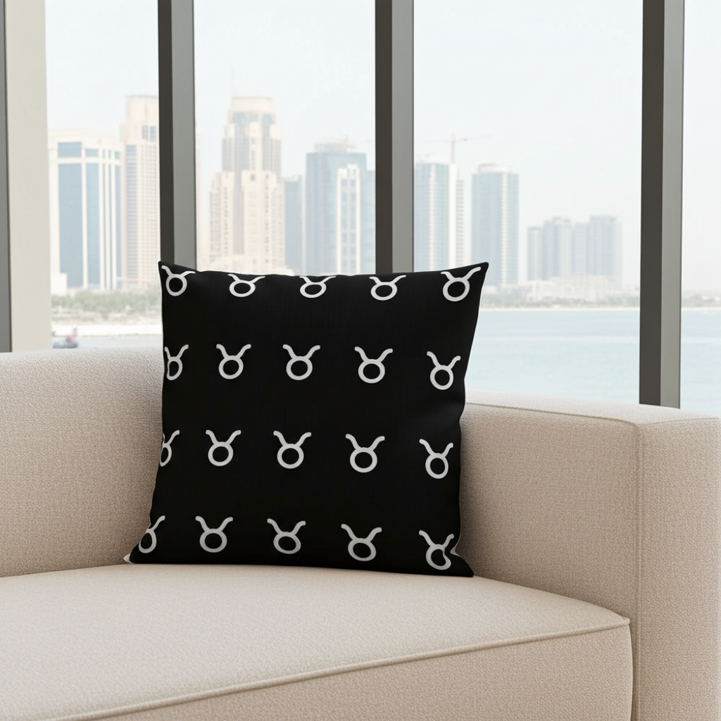 Black pillow with white Taurus patterns on a beige couch in a room with large windows showing a cityscape.