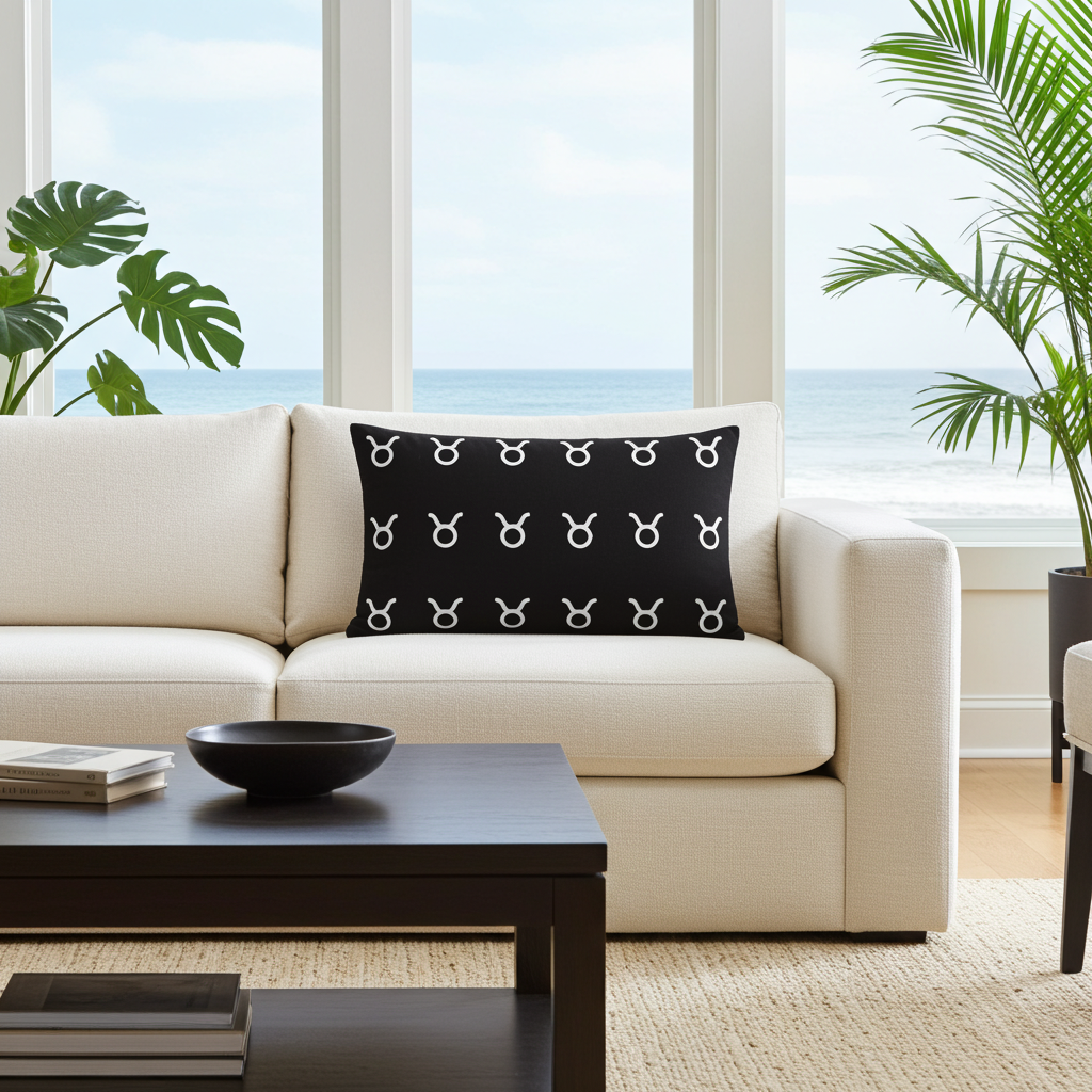 Beige sofa with a black pillow featuring white Taurus symbols in a living room with large windows and plants.