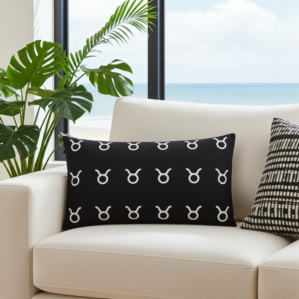 Black pillow with white Taurus patterns on a beige couch next to a plant and window view.