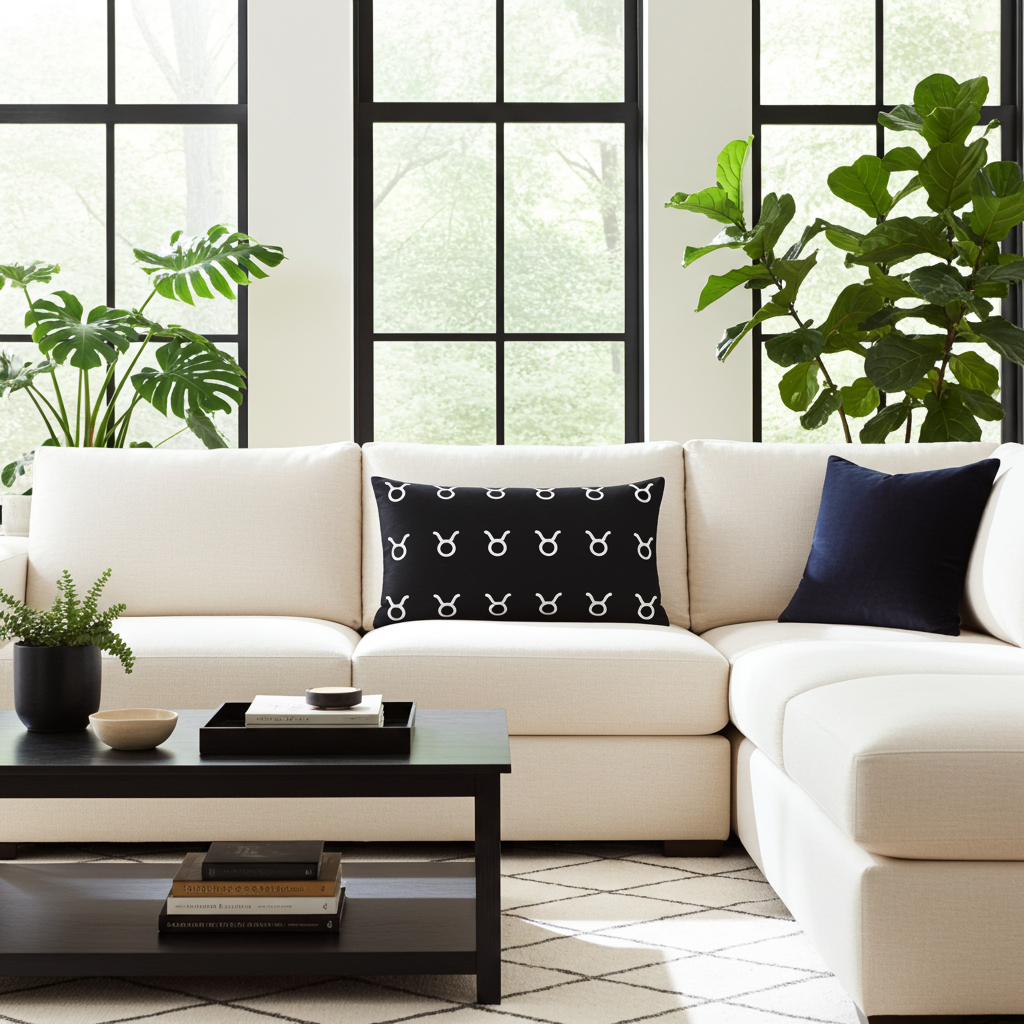 Modern living room with a white sectional sofa, a decorative taurus pillow, and a coffee table.