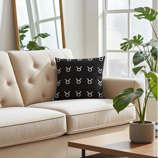 Black Taurus Decorative Pillow on  beige couch in a modern living room.