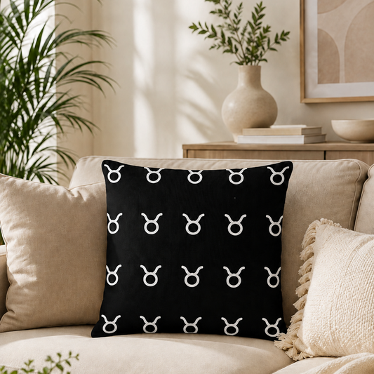 A black throw pillow with a repeating white Taurus zodiac sign pattern, styled on a beige sofa in a warm, sunlit living room.