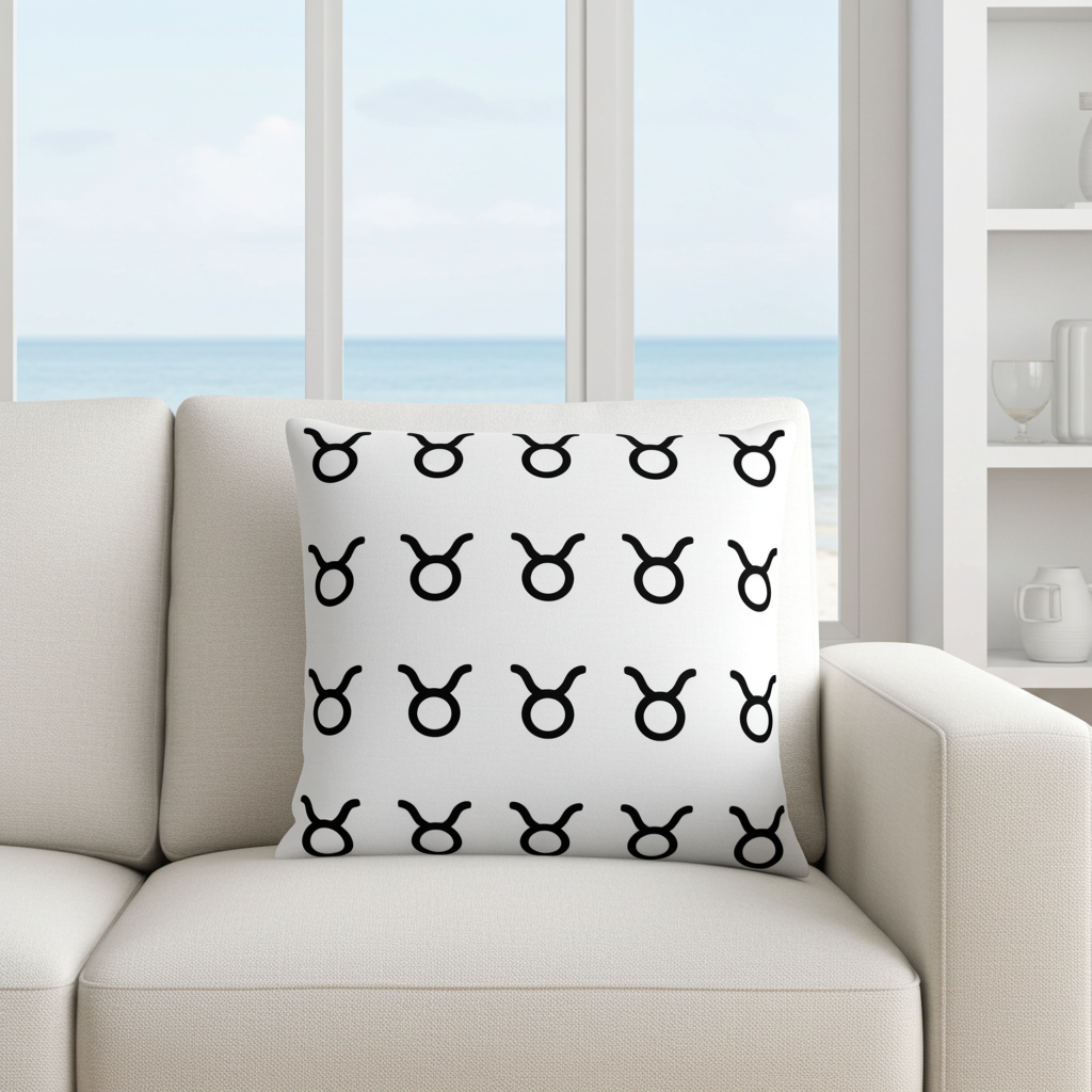Decorative pillow with black Taurus symbols on a white background on a beige sofa.