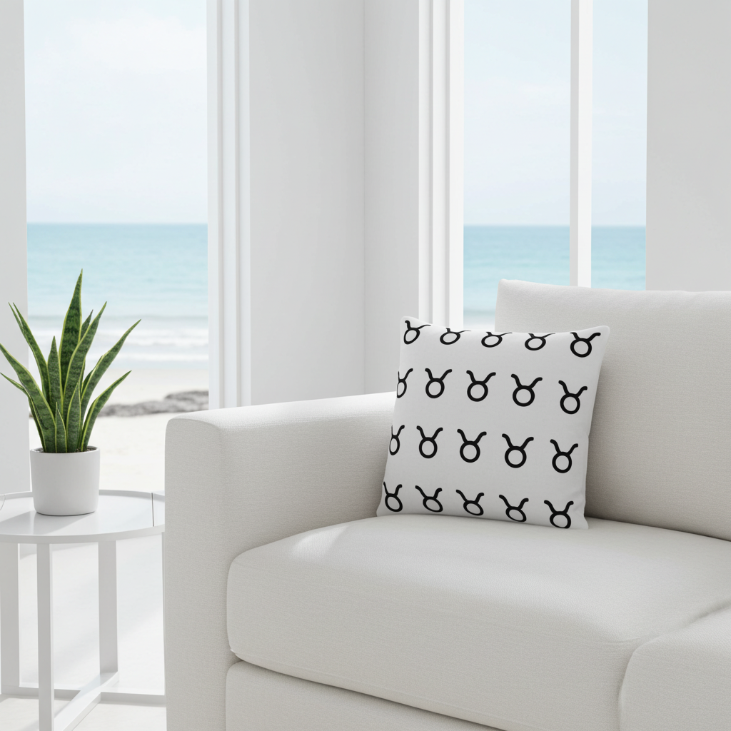 Decorative pillow with black Taurus patterns on a white couch by a window with a view of the ocean.