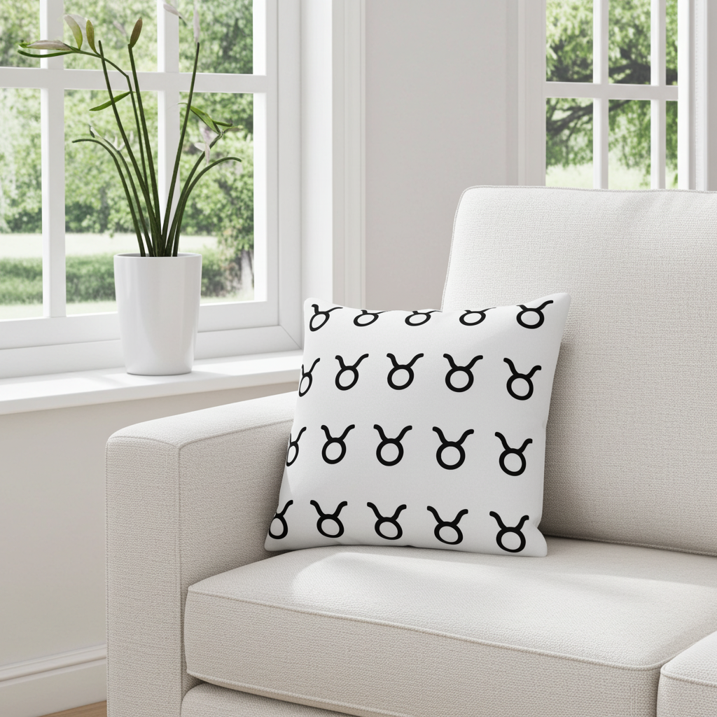 Decorative pillow with black Taurus symbols on a white couch in a bright room with windows.