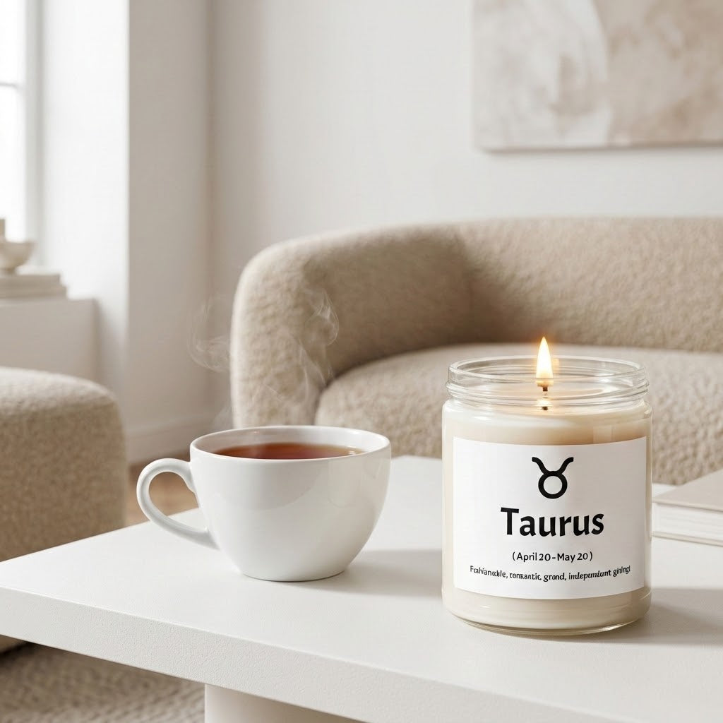 A lit Taurus astrology candle in a clear glass jar sits on a white table next to a white ceramic mug in a cozy, softly lit living room setting.