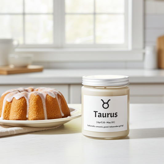 Candle labeled 'Taurus' next to a bundt cake on a kitchen counter.