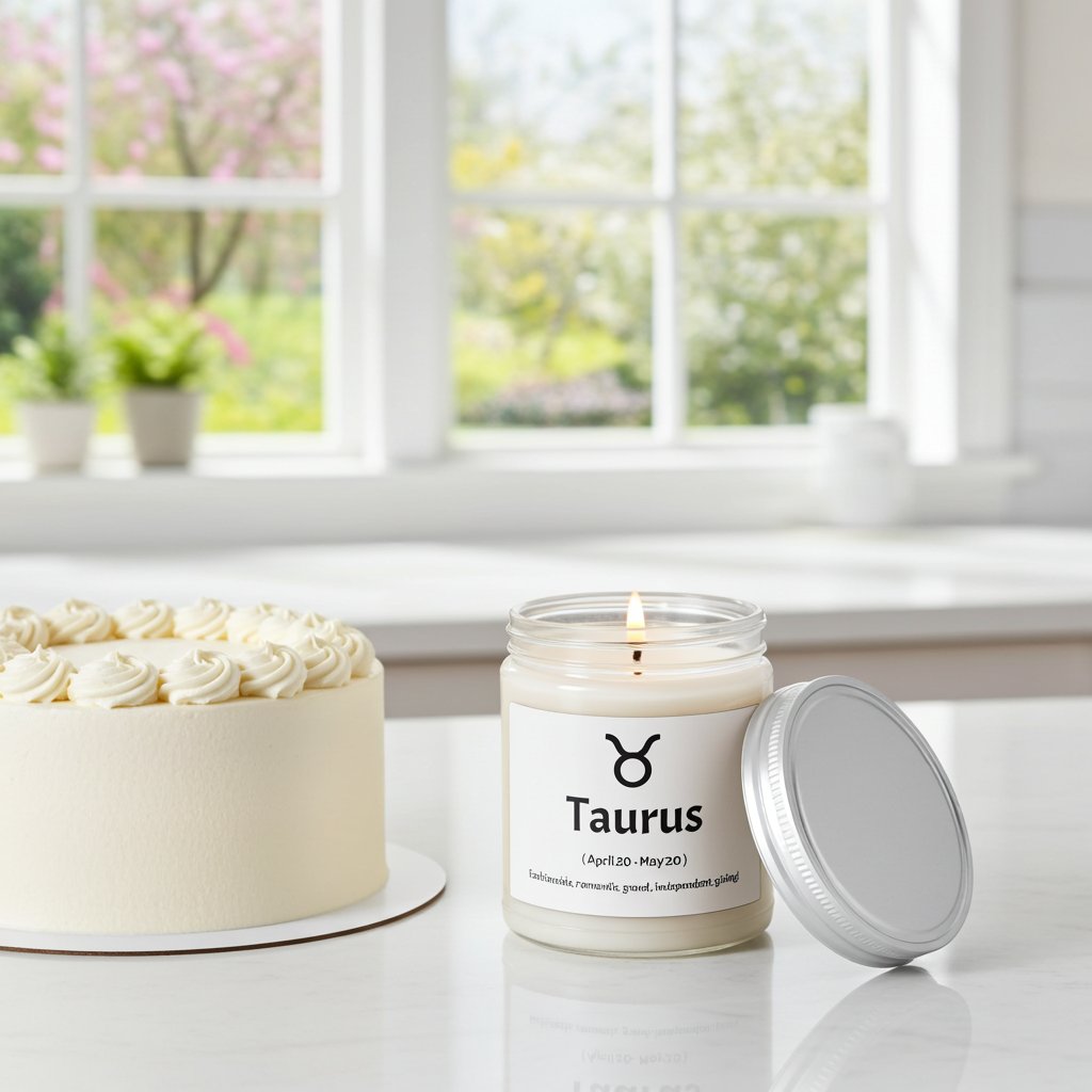 Candle labeled 'Taurus' next to a cake with a window and garden view in the background
