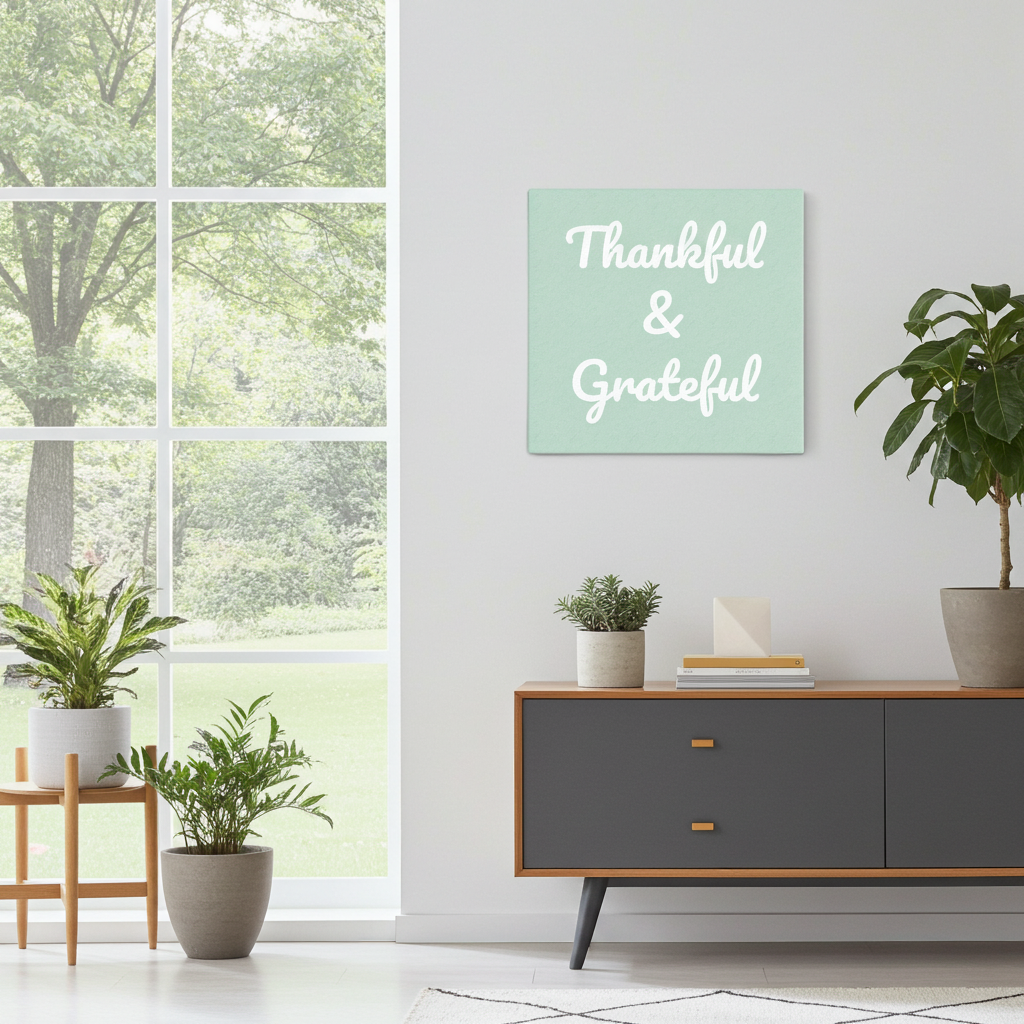 A square wall art print with the words 'Thankful & Grateful' in white script on a pale mint green background, displayed in a bright, modern living room above a gray sideboard with potted plants.
