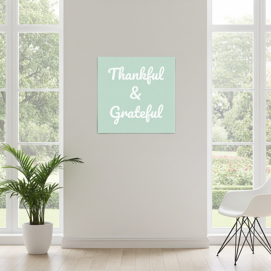 A square wall art print with the words 'Thankful & Grateful' in white script on a pale mint green background, displayed on a white wall in a bright room with large windows, a potted plant, and a white chair.