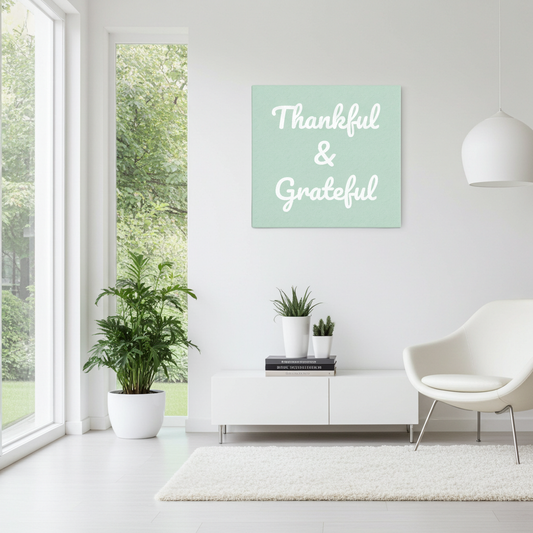 A square wall art print with the words 'Thankful & Grateful' in white script on a pale mint green background, displayed in a bright, modern living room above a white sideboard.
