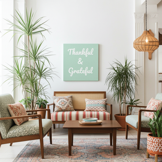 Living room with a 'Thankful & Grateful' sign, plants, and comfortable furniture.