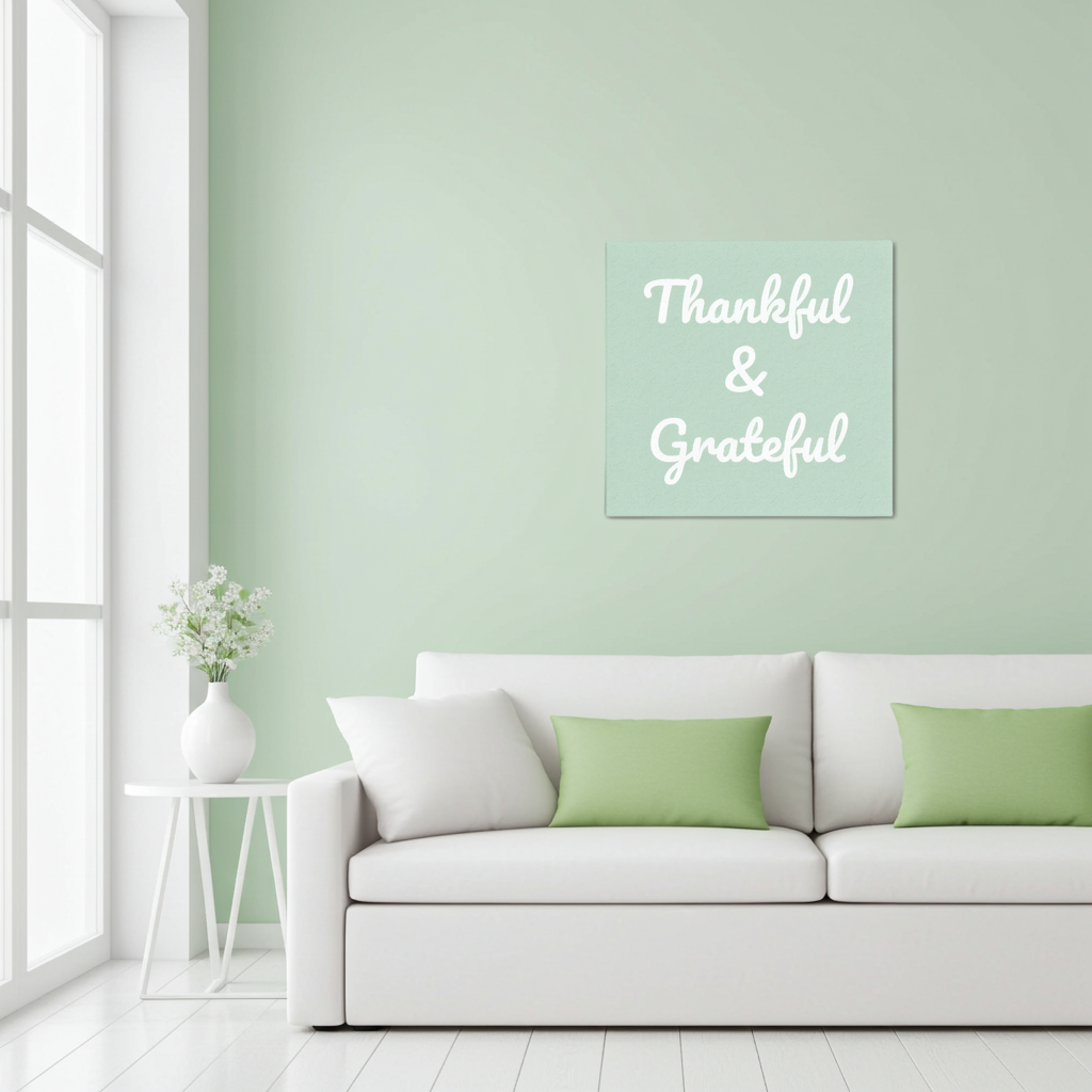 Living room with a white sofa, green cushions, and a mint green wall with a 'Thankful & Grateful' canvas.