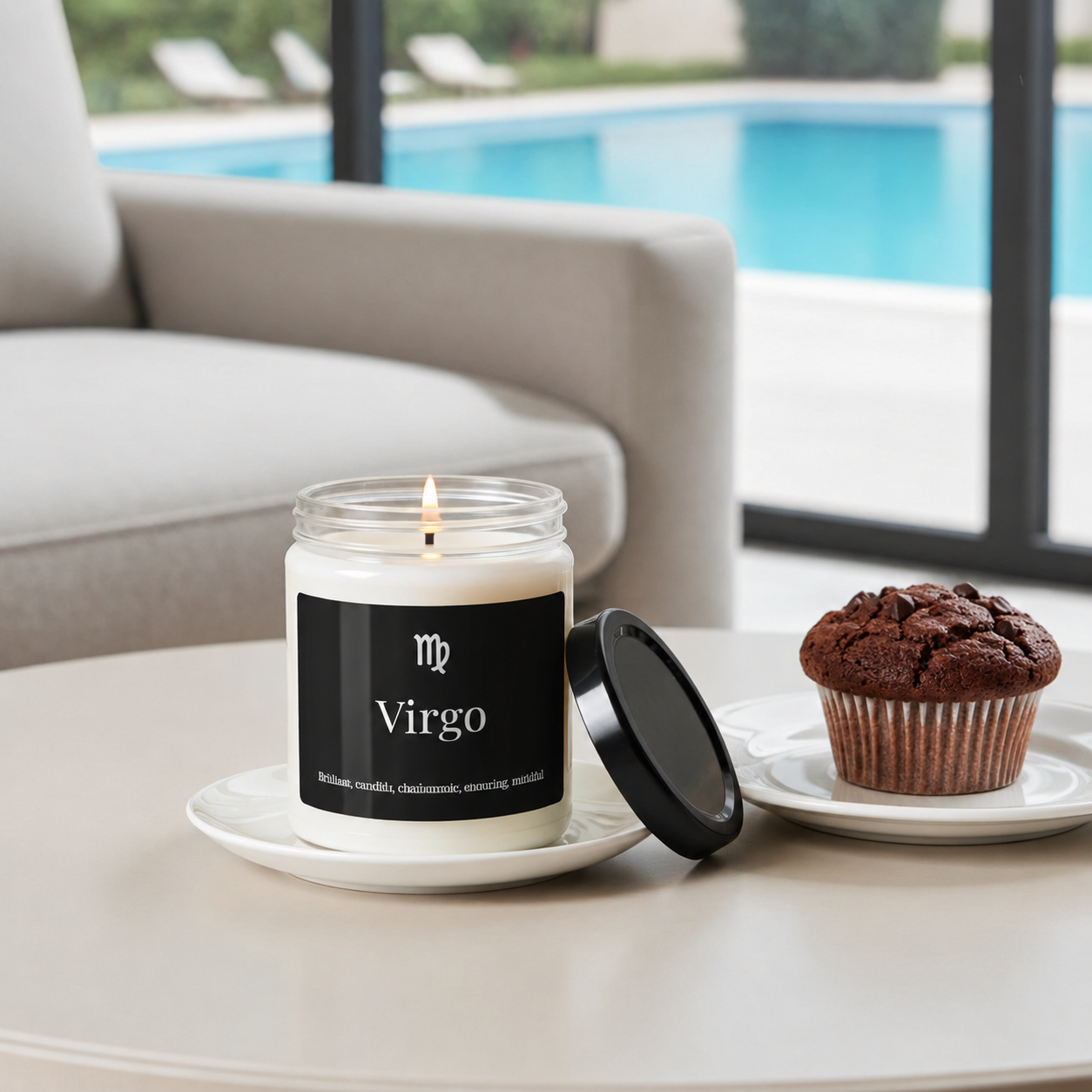 A lit white candle in a clear glass jar sits on a white saucer on a light beige table, with its black lid leaning beside it. A chocolate chip muffin is on a small white saucer to the right.