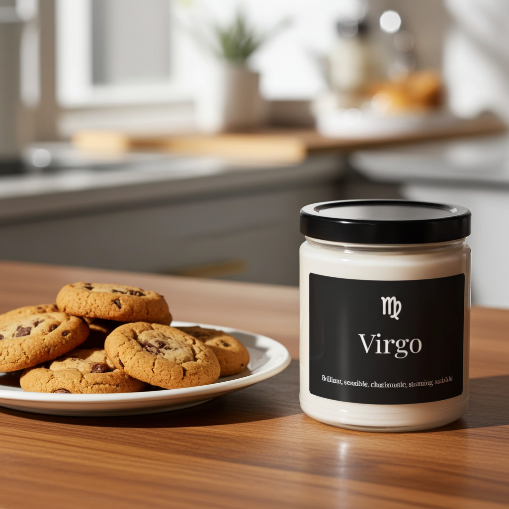 Jar labeled 'Virgo' next to a plate of cookies on a kitchen counter