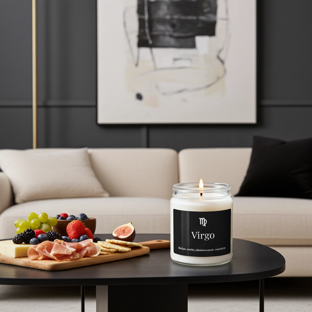Candle labeled 'Virgo' on a coffee table with fruit and charcuterie board in a living room.