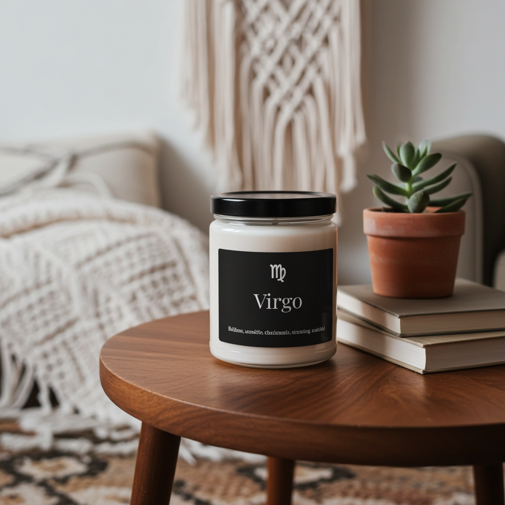 Candle labeled 'Virgo' on a wooden table with a plant and books in the background