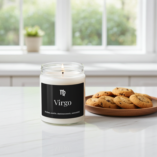 Candle labeled 'Virgo' on a table with cookies