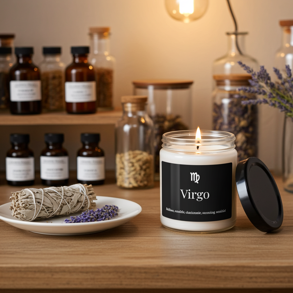 Candle labeled 'Virgo' on a wooden surface with bottles and lavender in the background
