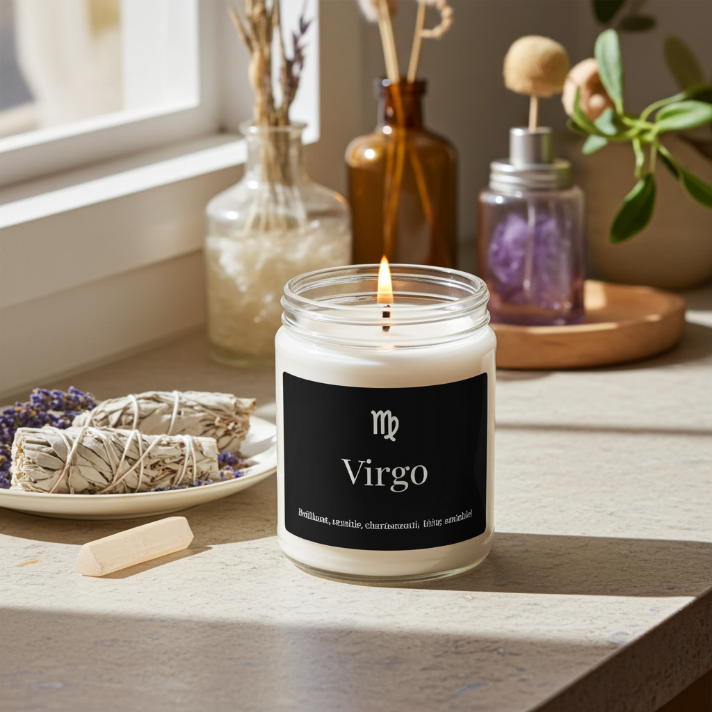 Candle labeled 'Virgo' on a table with decorative apothecary items