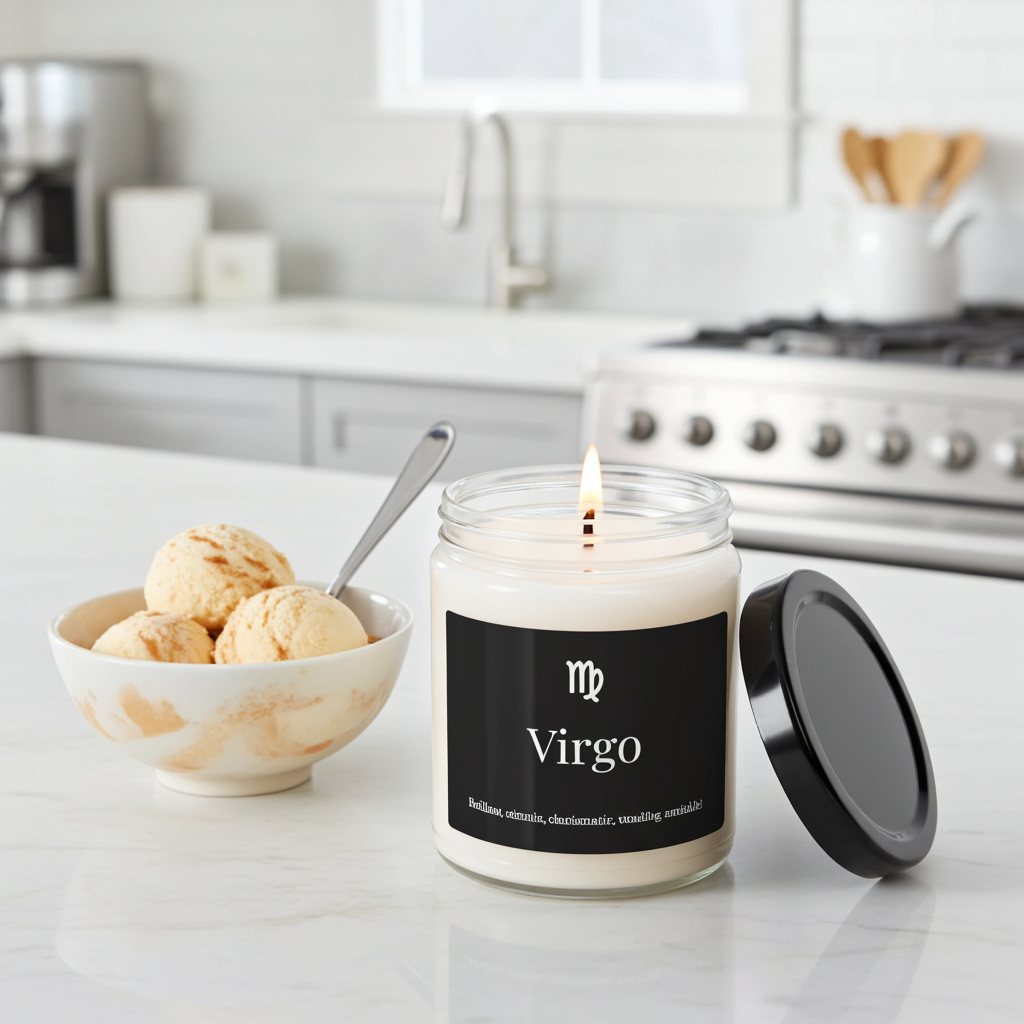 Candle labeled 'Virgo' on a kitchen counter with ice cream and a bowl.