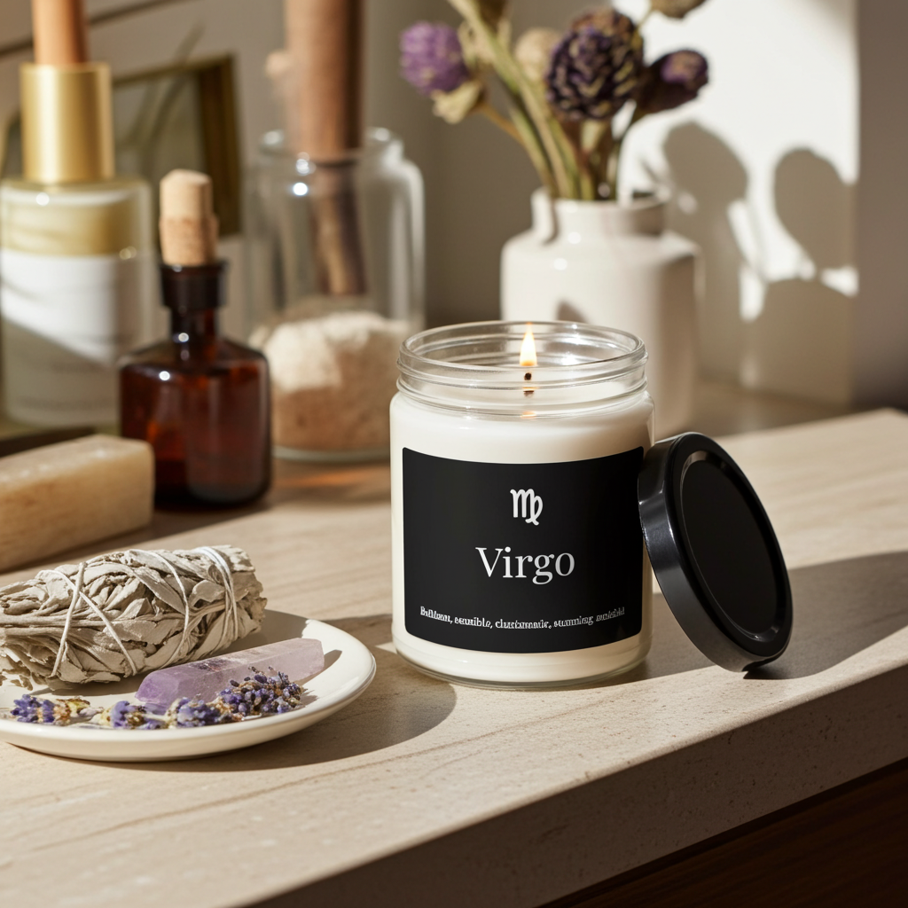 Candle labeled 'Virgo' on a wooden surface with apothecary items.