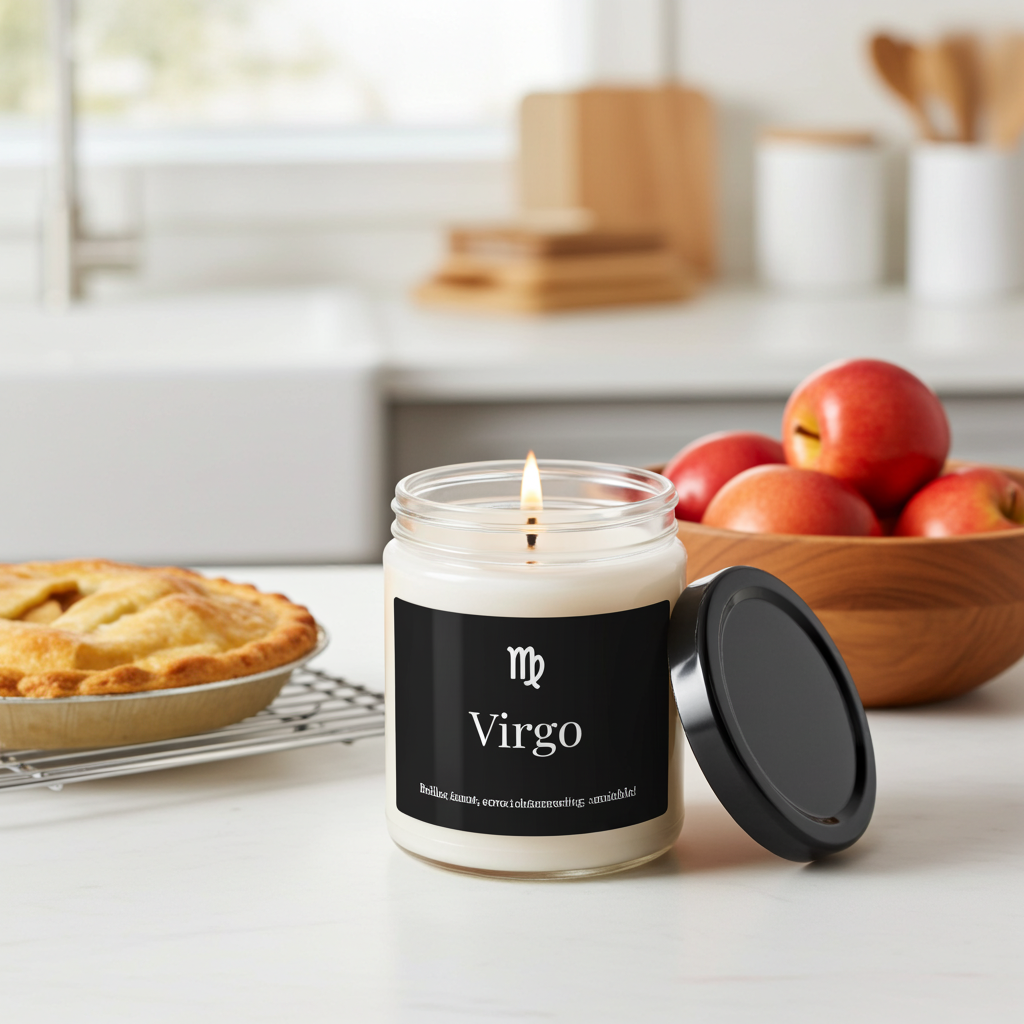 Candle labeled 'Virgo' on a kitchen counter with a pie and apples in the background