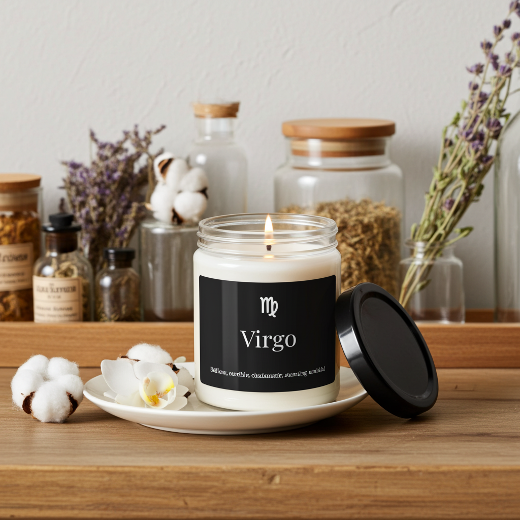 Candle labeled 'Virgo' with decorative apothecary items on a wooden surface