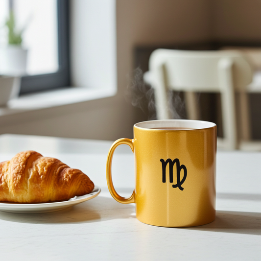 Gold mug with astrological symbol next to a croissant on a table