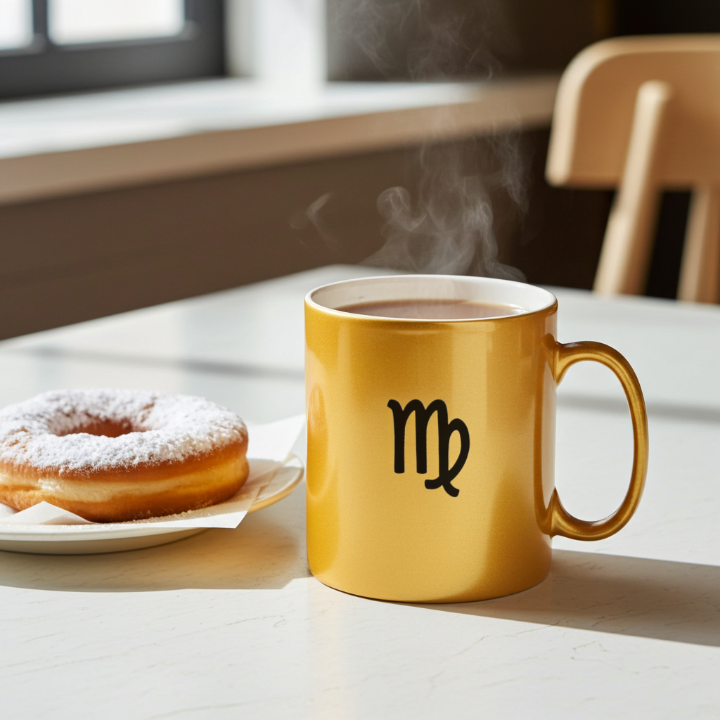 GOLD mug with astrological symbol, steaming hot beverage, powdered donut on a light wooden table.