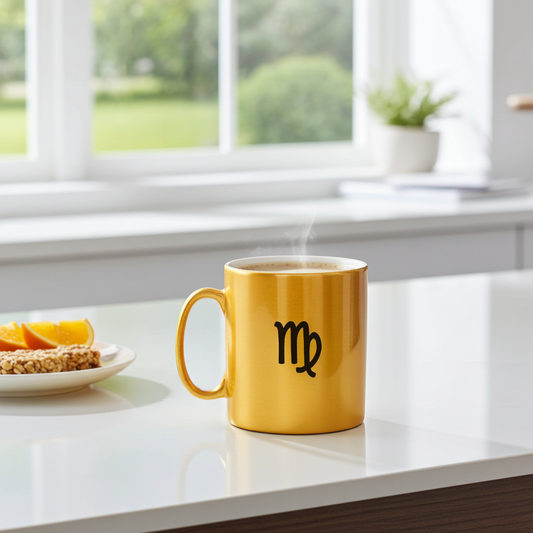 Gold mug with a black Virgo symbol on a kitchen counter