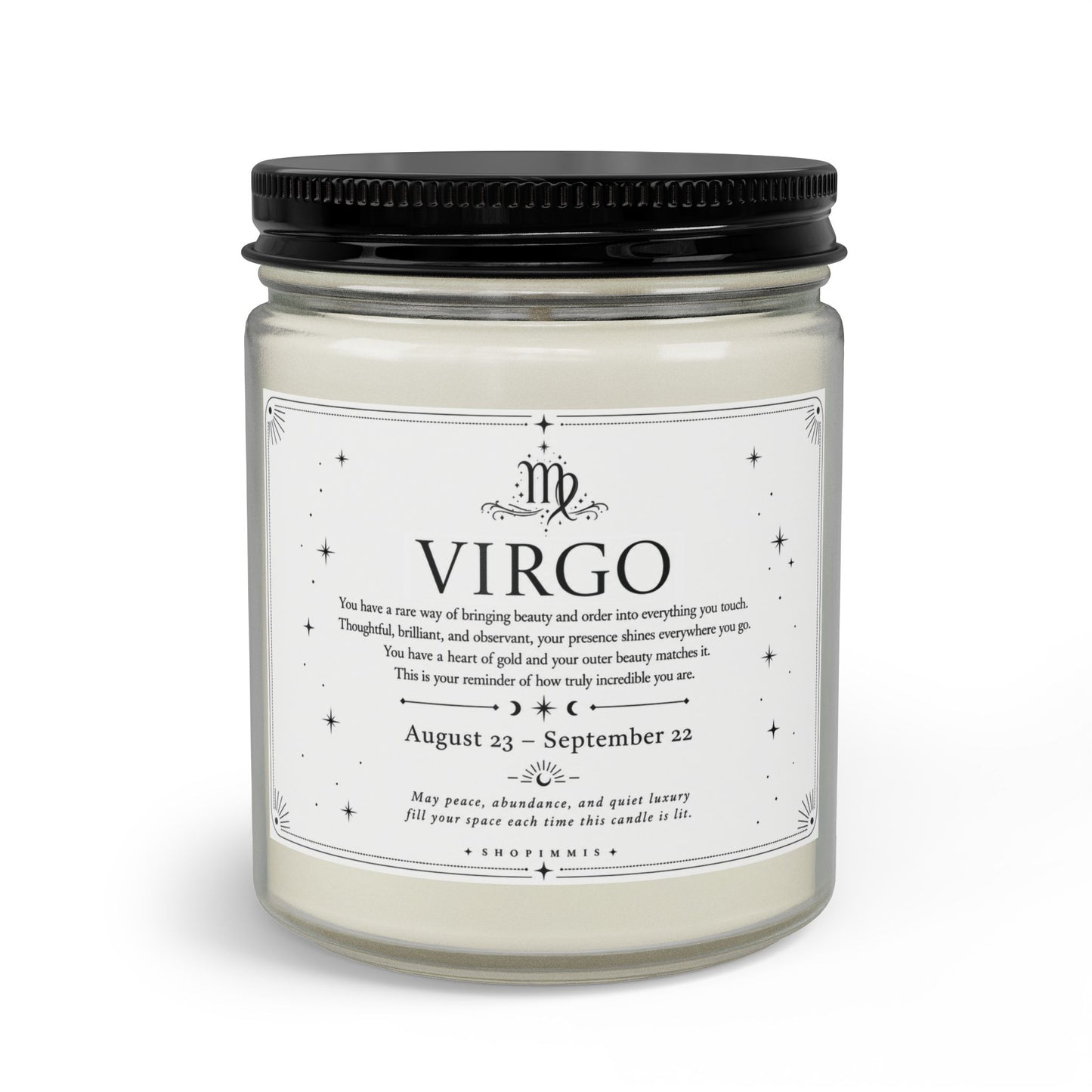 Candle jar with a label indicating 'Virgo' and zodiac details on a white background