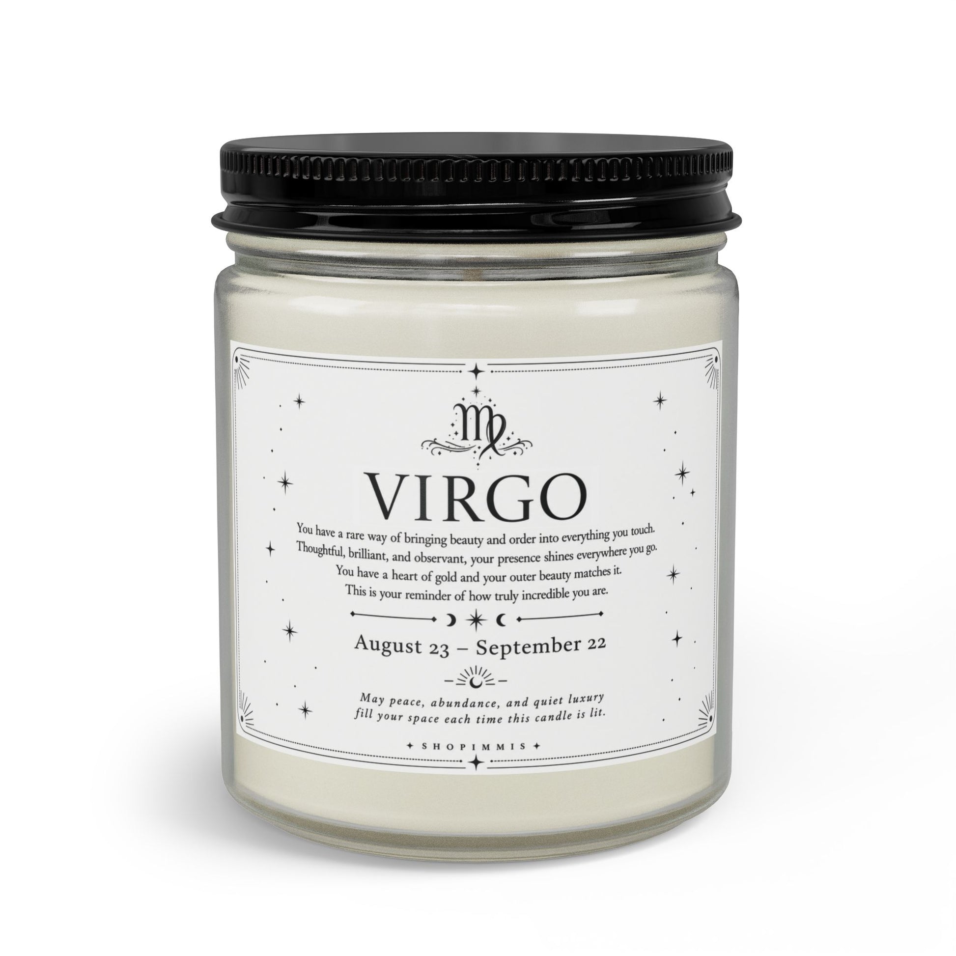 Candle jar with a label indicating 'Virgo' and zodiac details on a white background