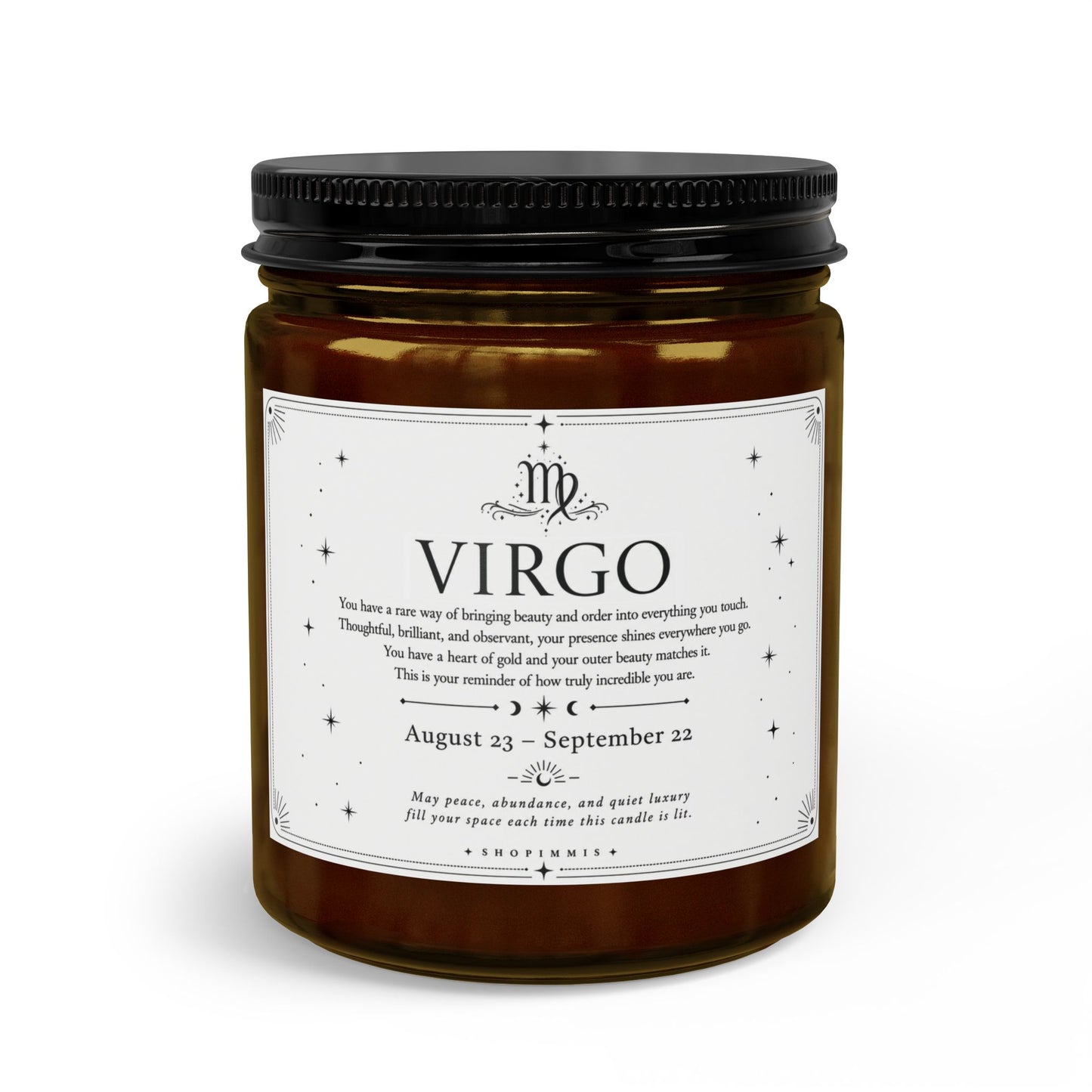 Candle jar with a label indicating 'Virgo' on a white background