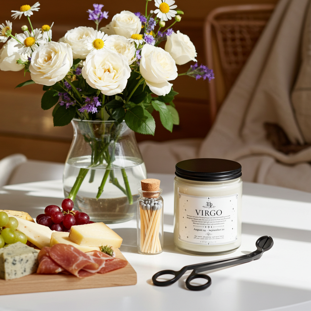 Candle labeled 'Virgo' with a vase of flowers, cheese board, and other items on a table.